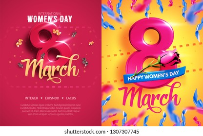 8 March. International Women's Day. Happy Mother's Day. Number 8 with ribbon text and confetti on background. Vector Illustration.