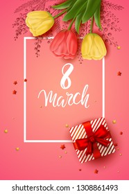 8 march. International Women's Day banner. Vector greeting card with realistic tulips and gift box. Pink floral background. Hand drawn sketch - mimosa.  Frame. Handwritten calligraphy. Brush lettering