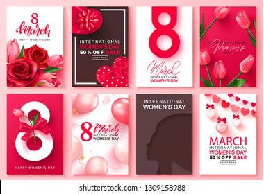 8 March international women's day Set of cards. Background for website , posters,ads, coupons, promotional material. Vector illustration.