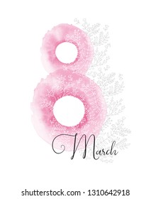 8 march. International Women's Day banner. 8 shape with flowers. Vector greeting card. Spring floral vintage pink background. Hand drawn cute doodles. Watercolor stain.