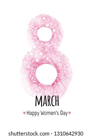 8 march. International Women's Day banner. 8 shape with flowers. Vector greeting card. Spring floral vintage pink background. Hand drawn cute doodles. Watercolor stain.