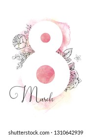 8 march. International Women's Day banner. Vector greeting card. Watercolor pink background. Hand drawn illustration in engraving style. Vintage flowers. Roses.