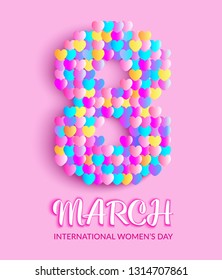 8 march International women's day greeting and gift card. Colorful heart shape 8 march sign. Vector  illustration on pink background for banner, poster, holiday, party.