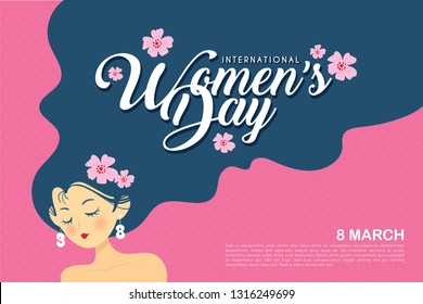 8 march - International Women's Day template design or copy space. Hand drawn woman with long black hair in flat vector illustration.