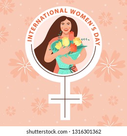 8 march, International Women's Day greeting card. Female symbol with beautiful woman decorated with flowers. Vector illustration.