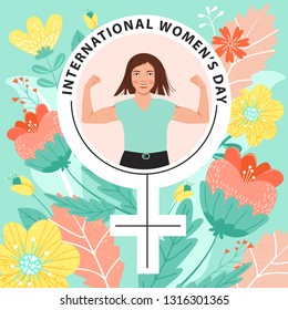 8 march, International Women's Day, girl power greeting card. Female symbol with strong woman decorated with flowers. Vector illustration.