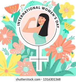 8 march, International Women's Day, girl power greeting card. Female symbol with strong woman decorated with flowers. Vector illustration.