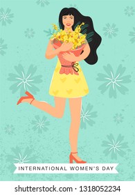 8 march, International Women's Day greeting card. Happy girl holding a bouquet of yellow mimosa flowers in her hands. Vector illustration. 