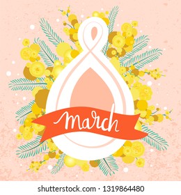 8 march, International Women's Day greeting card. Lettering composition with bouquet of yellow mimosa flowers. Vector illustration for gift cards, posters, invitation and sales.