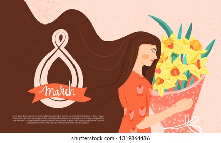 8 march, International Women's Day greeting card. Woman with long hair.  Beautiful girl holding a bouquet of yellow narcissus with green leaves in her hands. Vector illustration.