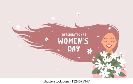 8 March, International Women's Day. Charming happy girl with long hair with sample text and flowers. Vector illustration