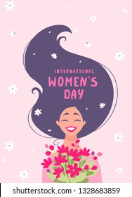 8 March, International Women's Day. Charming happy girl with long hair with sample text and flowers. Vector illustration