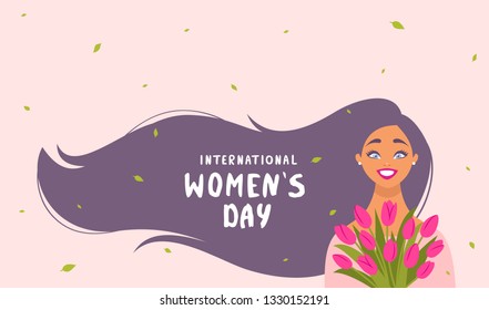 8 March, International Women's Day. Charming happy girl with long hair with sample text and flowers. Vector illustration