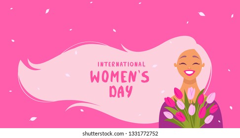 8 March, International Women's Day. Charming happy girl with long hair with sample text and flowers. Vector illustration