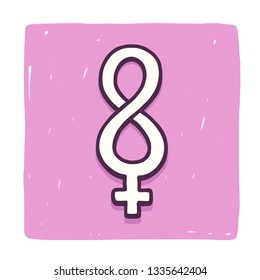 8 March International womens day design. Hand drawn female gender symbol in shape of letter 8 on pink background. Girl power, feminism and equality vector illustration.