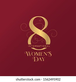 8 march international womens day greeting card. Golden typography on dark red background. Vector vintage illustration.