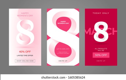 8 March. International Women's Day banner. Editable post template set for banner sale, presentation, invitation, stories, streaming. Screen backdrop for mobile app. Social media story mockup.