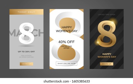 8 March. International Women's Day banner. Editable post template set for banner sale, presentation, invitation, stories, streaming. Screen backdrop for mobile app. Social media story mockup.
