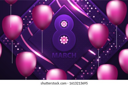 8 March. International Women's Day. Luxury Happy Mother's Day design concept celebration with elegant decoration on purple background for use element poster, cover, banner, greeting card