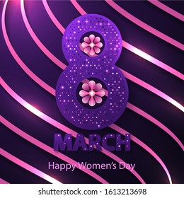 8 March. International Women's Day. Luxury Happy Mother's Day design concept celebration with elegant decoration on purple background for use element poster, cover, banner, greeting card