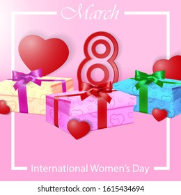 8 March. International Women's Day. Happy Mother's Day design concept celebration with gift box and heart shapes on beauty pink background for use element poster, cover, banner, greeting card