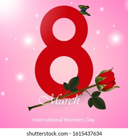 8 March. International Women's Day. Happy Mother's Day design concept celebration with creative number, rose flower, and butterfly element for use poster, cover, banner, greeting card