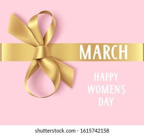 8 march. International womens day. Holiday pink background with golden bow and ribbon. Vector illustration