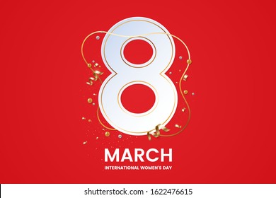 8 March International women's day greeting card design. Big number 8 with golden confetti. Red background. Minimalistic style. Applicable for web banner, postcard, poster. Vector illustration.