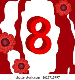 8 March International Women's day. Big white number 8 with flowers on paper cup red and white background. Holiday template design for web, banner, postcard, poster. Vector illustration. Doodle style.