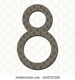 8 March International women's day greeting card design. Big ornate number 8 on light ornament background. Holiday icon. Template design for web banner, postcard, poster. Geometric vector illustration.