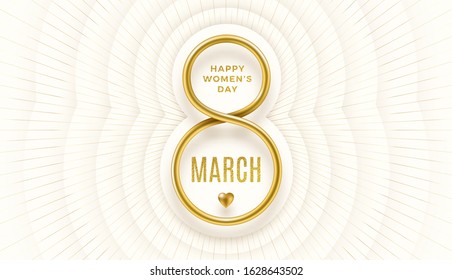 8 March International women's day vector illustration - Golden number eight and glitter gold greeting on a white paper layered background with light burst rays. Design for greeting card or invitation.