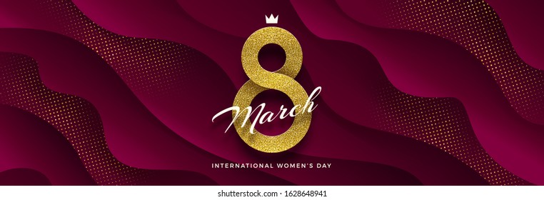 8 March International women's day vector illustration -  glitter gold ribbon in the shape of sign eight on a burgundy color wavy layered background. Design for greeting card, invitation, flyer and etc