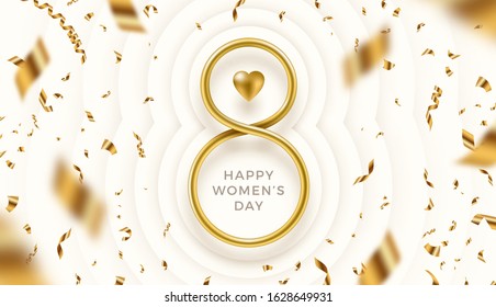 8 March International women's day vector illustration - Golden number eight, heart and falling golden confetti on a paper layered white background. Design for greeting card, invitation, flyer and etc.