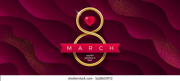 8 March International women's day vector illustration - Golden number eight, ruby heart and ribbon on a burgundy color wavy layered background. Design for greeting card, invitation, flyer and etc.