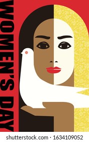 8 March International Women's Day. Vector Woman with pigeon