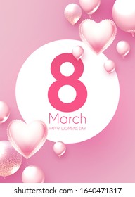 8 march, international women's day poster template with 3D pink fiol balloons.