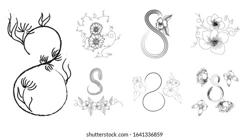 8 march. International Women's Day. Vector set. Hand drawn illustration in engraving style. Spring vintage flowers: tulips, narcissus and mimosa. Set of isolated sketch flowers