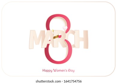 8 March International women's day. Greeting card with shining glitter, gold ribbon and sign eight. Flat vector illustration EPS10