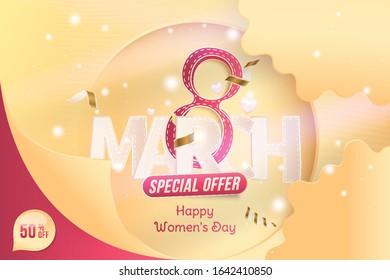 8 March International women's day. Super Sale with 50% special offer. Greeting card with shining glitter, gold ribbon and sign eight. Flat vector illustration EPS10