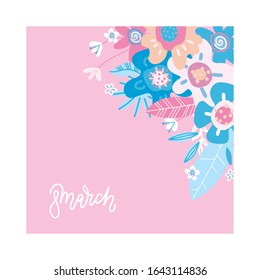 8 March International Women's Day greeting card template with colorful flower and lettering. Vector illustration