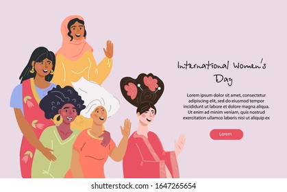 8 of March international Womens Day website banner with different multi ethnic group of women. Spring women holiday greeting landing page. Flat vector illustration.