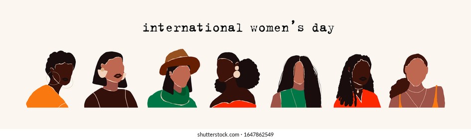 8 march international womens day. Abstract modern young female portraits. Fashion minimal trendy people face different beauty races nationality. Trendy art minimal female heads. Vector illustration