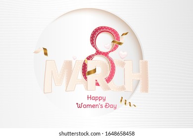 8 March International women's day. Greeting card with shining glitter, gold ribbon and sign eight. Flat vector illustration EPS10