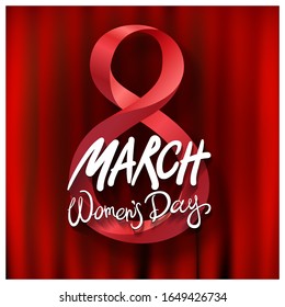 8 March International Womens Day design with handwritten lettering red ribbon on backgrond art