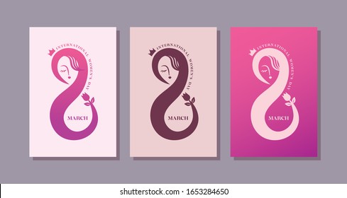 8 de marzo - Diseño plano internacional para el día de la mujer. Conjunto de símbolos o ícono del día de la mujer en modo 3 colores. Diseño moderno y sencillo de belleza femenina. Diseño minimalista del logo femenino.