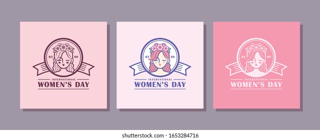 8 March - International women's day flat design. Set of symbol or icon of women's day line art in 3 color mode. Simple modern woman beauty design. Minimalistic feminine logo design.