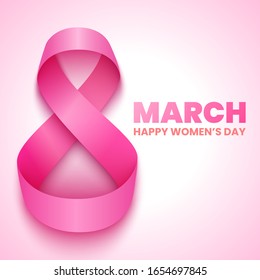 8 March. International Women's Day greeting card design. Pink ribbon. Vector illustration.