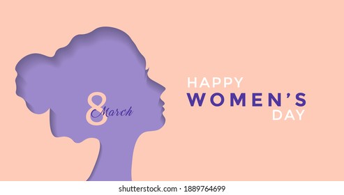 8 March International Women's Day Vector Illustration Concept. Purple Paper Cutout Girl Face. Woman Head Illustration from Side View Happy Women's Day. Template for UI, Web, Banner, or Greeting Card.