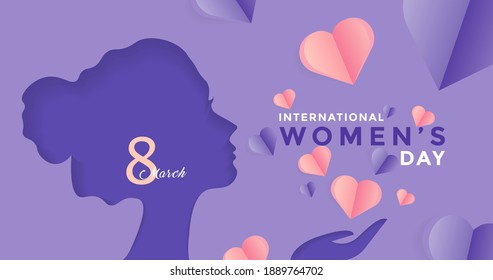 8 March International Women's Day Vector Illustration Concept. Paper Cutout Girl Face with Pink and Purple Love Illustration. Woman Head Illustration from Side View Happy Women's Day. Vector EPS 10