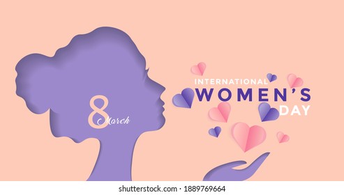 8 March International Women's Day Vector Illustration Concept. Paper Cutout Girl Face with Pink and Purple Love Illustration. Woman Head Illustration from Side View Happy Women's Day. EPS 10 Vector